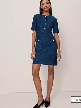 Navy Tweed Crew Neck Shift Dress